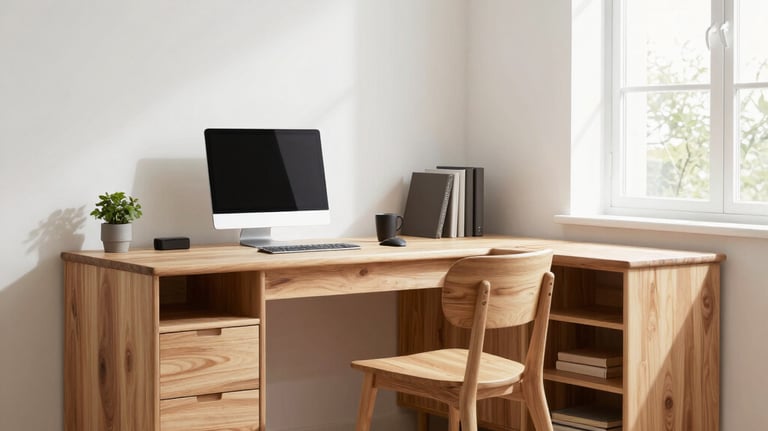 A redesigned home office area with sustainable wooden furniture, white walls, and a large window providing plenty of natural light. Modern and professional atmosphere.