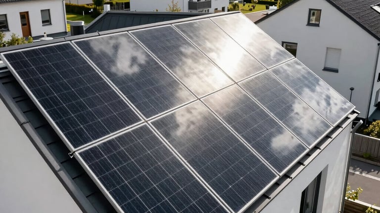 A residential rooftop with modern black solar panels reflecting a bright white sky. The surrounding environment shows a clean, modern German neighborhood.