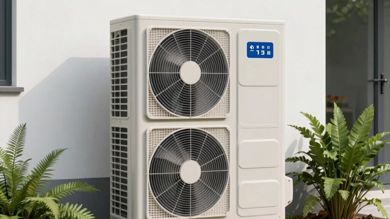 A modern outdoor air-to-water heat pump unit placed in a clean, landscaped garden area next to a white house wall. Fresh green plants around it.