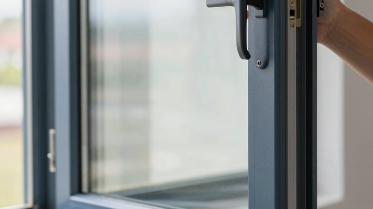 Close-up of a high-tech triple-glazed window being professionally installed. The frame is a modern dark blue. Bright, natural lighting, clean work environment.