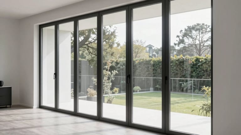 Interior view of a modern living room with large energy-efficient glass doors, light gray flooring, and white walls. The style is minimalist and elegant. Central European / German interior.