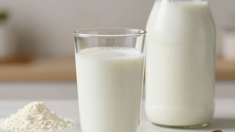 A close-up of a glass of rich, creamy milk standing next to a container of powder milk. The lighting is soft and natural, emphasizing purity and health in an off-white domestic kitchen setting.