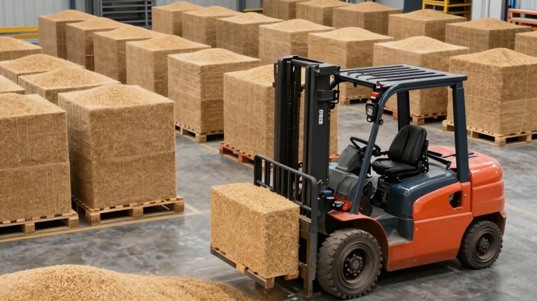 A photograph of a large, organized warehouse where pallets of grain are being moved by a forklift. The setting is clean, orderly, and highly professional, emphasizing operational strength.