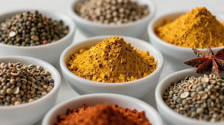 A close-up photograph of assorted organic spices and seeds arranged artistically in bowls. The colors are vibrant and natural, highlighting the premium quality of agricultural exports in a bright, clean setting.