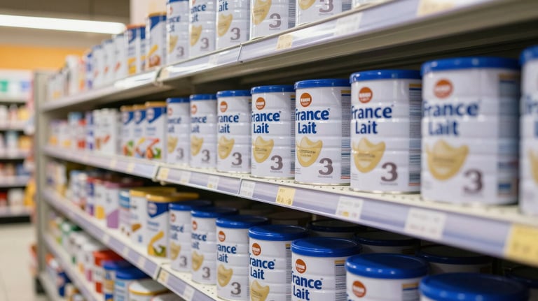 A brightly lit supermarket shelf featuring neatly arranged cans of France Lait milk powder. The branding is clear, and the environment is clean and modern, showcasing successful market integration.
