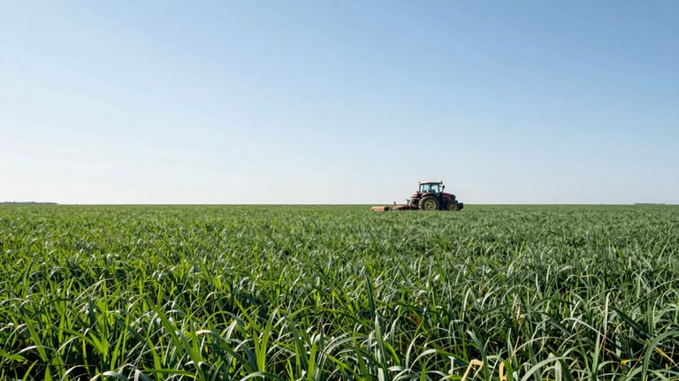 A wide field of lush green crops under a bright, clear sky. A modern tractor is visible in the distance, representing efficient and large-scale agricultural production for export.