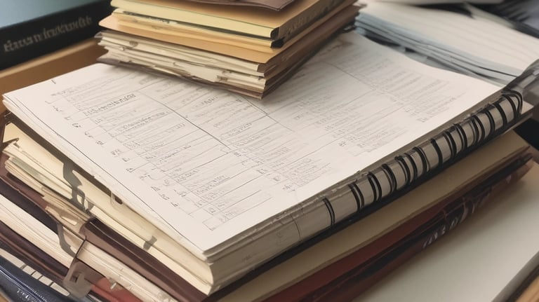 Close-up of hands organizing receipts and bookkeeping records on a wooden desk