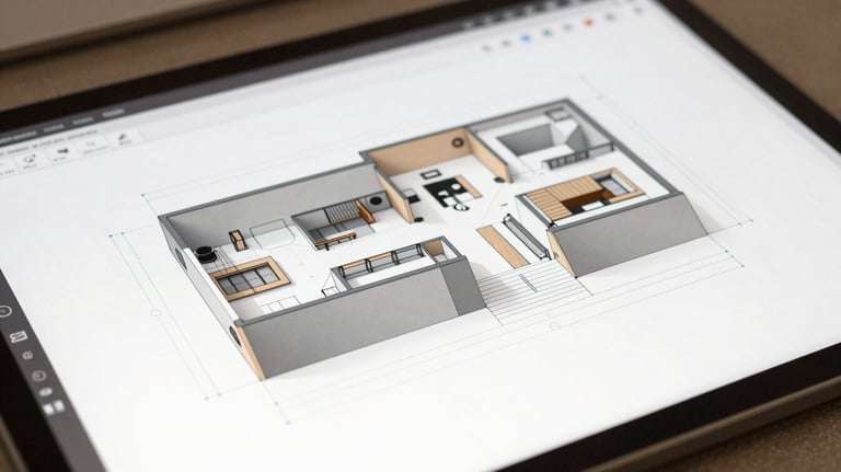 Detailed 3D architectural plan on a professional digital drafting table, showing high-tech precision and clean design lines in #1A202C and #C4A05B.