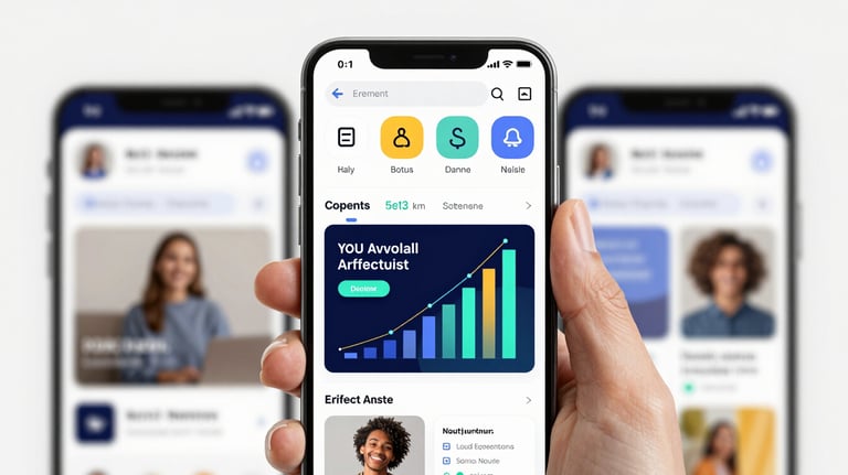 A high-end smartphone displaying a vibrant social media marketing dashboard with growth metrics and professional graphic design.