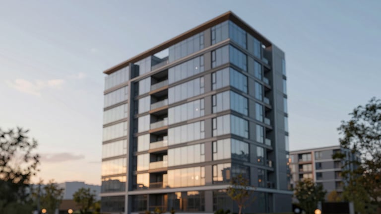 Exterior of a modern residential glass building at sunset, highlighting sleek architectural lines and premium construction quality.