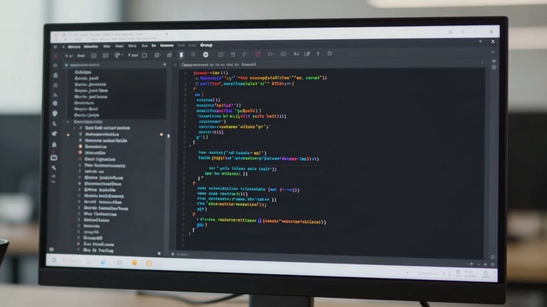 A sleek computer monitor displaying lines of code and high-end software UI, representing Morya Group's cutting-edge IT and software solutions.