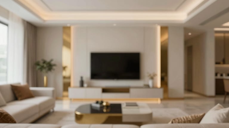 A close-up of a high-end interior design concept featuring gold accents and clean lines, embodying Morya Group's sophisticated aesthetic.