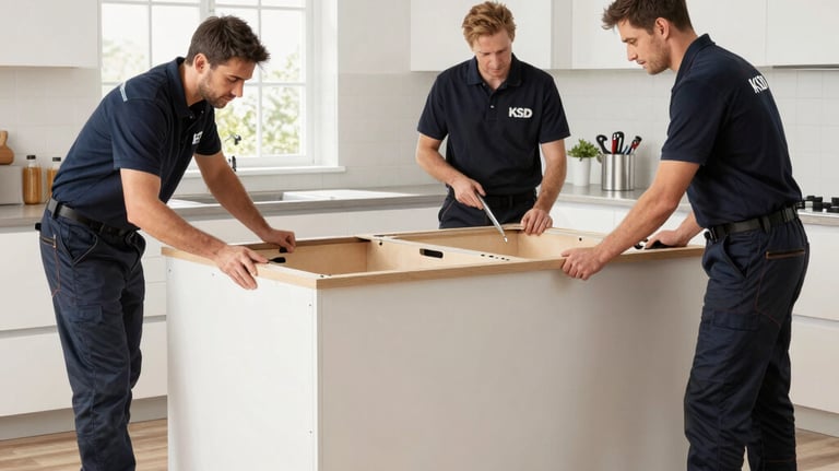 Close-up of hands assembling high-quality kitchen furniture