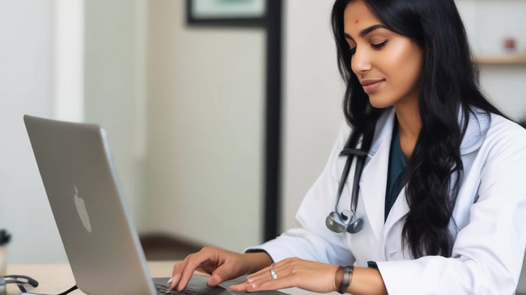 A healthcare worker, wearing a light blue surgical gown, a white mask, and a white cap with red polka dots, adjusts her headwear in a hospital setting. The background features a wall clock and a white and gray interior.