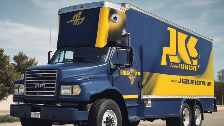 A black and white photograph captures a delivery scene where a man is unloading or organizing parcels from a truck. The back of the truck is open, revealing a variety of packages. In the background, there's a store with a prominent sign displaying 'GIOR' and numerous clothing items and mannequins visible inside. The street is busy, with another cart positioned near the truck.