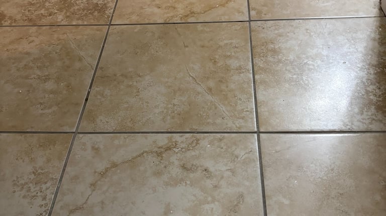 Tile floor before sealing, showing dull and unprotected surface