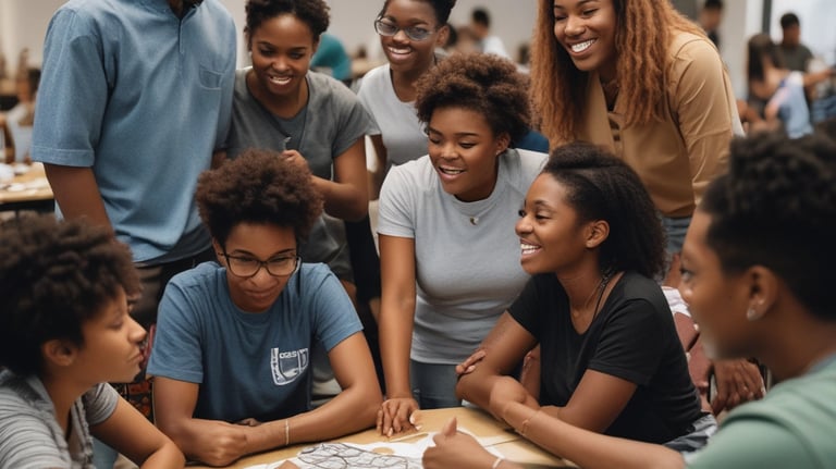 A group of diverse black students engaged in a workshop.
