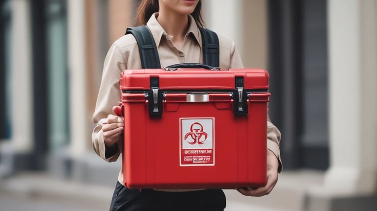 A person wearing a black cap and a black polo shirt with a courier service logo holds a large cardboard box. The background is a plain light gray, and the person appears to be smiling slightly.