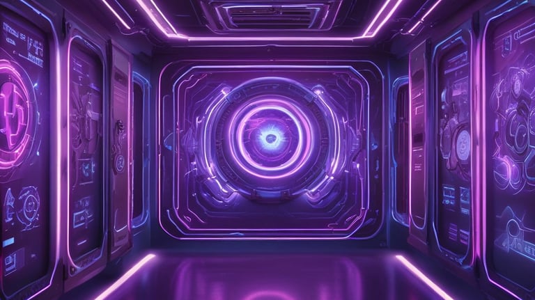 A dimly lit room features a prominent illuminated sign displaying the words 'Sysco LABS.' Below the sign are office desks with various electronic devices, including laptops and cables. The lighting creates a cool and professional atmosphere.