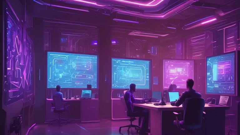 A hand holding a thermal scanner is pointed towards a rack of computer servers. The servers are illuminated with blue LED lights, giving a technological and futuristic feel.