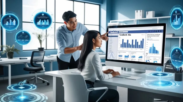 Dos personas en una oficina observando un monitor con datos de campañas publicitarias de Facebook Ads, rodeados de gráficos y