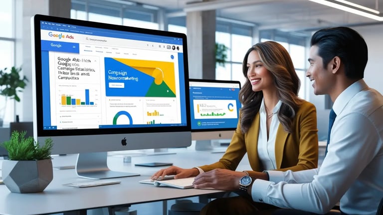 Mujer y hombre trabajando juntos en una oficina moderna, observando pantallas de computadoras con análisis de Google Ads.