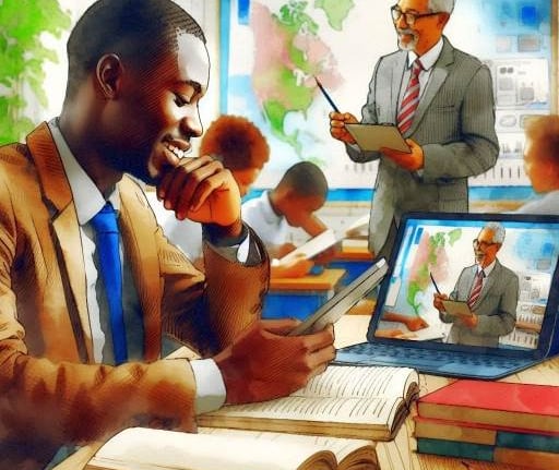 Student follows teacher online at classroom