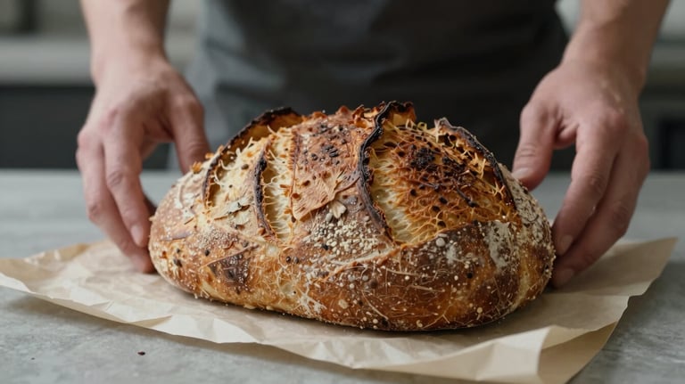Close-up of fresh sourdough bread on a crisp parchment paper, with a baker's hands in the background in a minimalist kitchen setting.