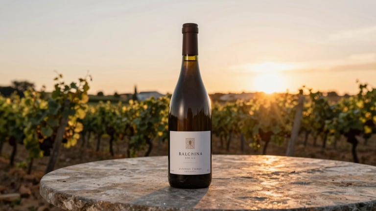 A professional shot of a wine bottle on a stone table in a European / Portuguese vineyard at sunset, with a minimalist and sophisticated composition.