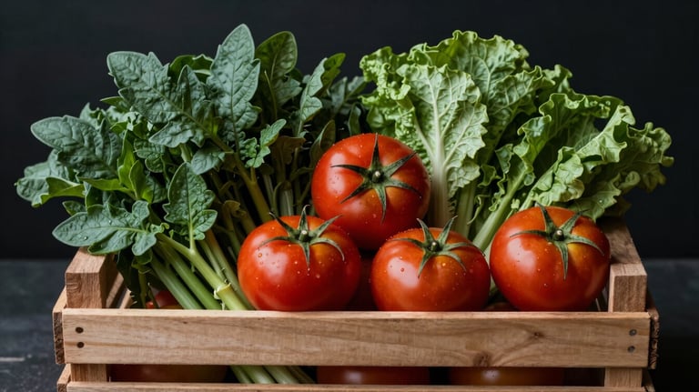 High-end photography of organic vegetables in a wooden crate, styled in a minimalist Scandinavian way with matte forest green leaves and deep ripe crimson tomatoes.