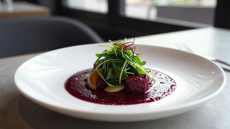 A beautifully plated dish in a minimalist restaurant, featuring deep ripe crimson sauces and fresh greens, shot in natural daylight with a professional food photography style.