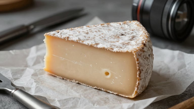 A close-up shot of artisanal cheese on a crisp parchment surface, beautifully lit to show texture, surrounded by simple dark grey kitchen tools.