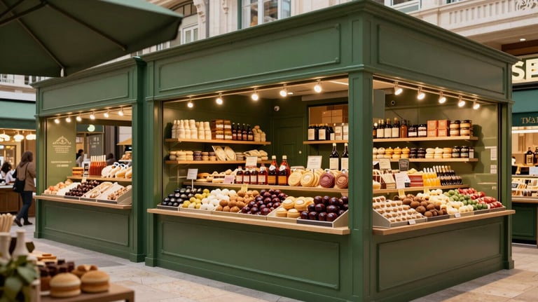 Interior of a modern European / Portuguese food market with matte forest green structures and elegant, warm lighting, showcasing artisanal products.