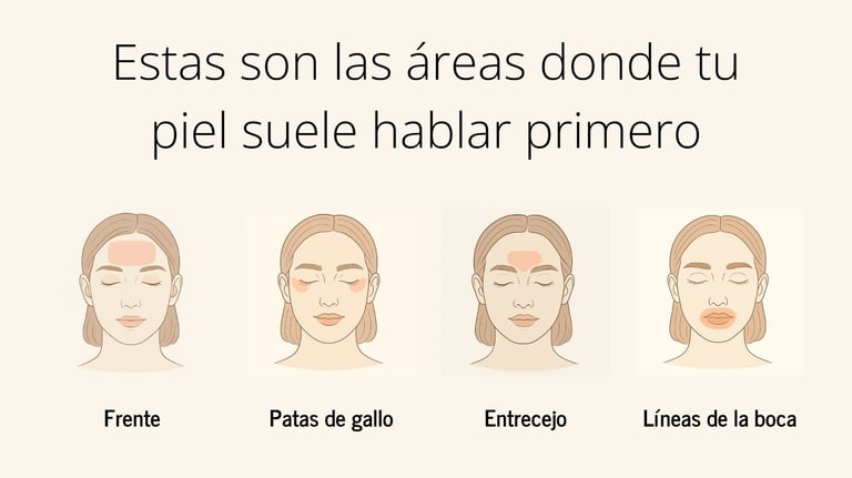 Siluetas faciales que muestran las primeras zonas con signos de envejecimiento donde se aplica bótox preventivo