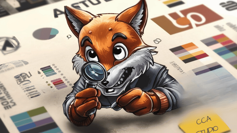 image d'un audit identité visuelle pour les marques. Un renard analyse les détails de la marque