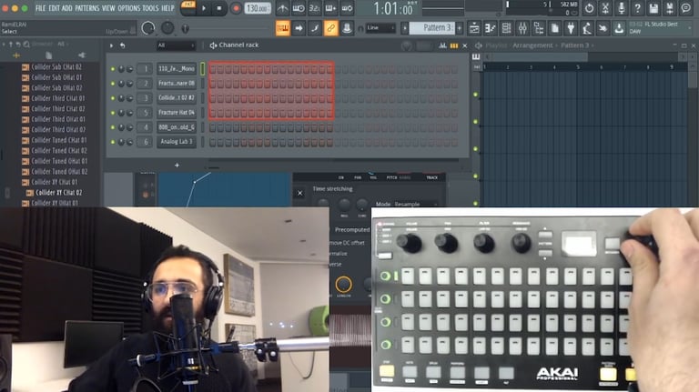 a man in a recording studio with a microphone and a keyboard doing a tutorial on music tech gear