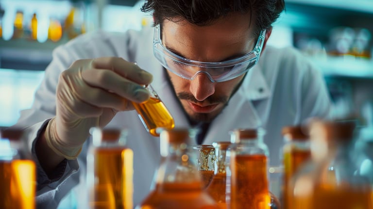 a man in a lab coat and goggles holding a bottle of liquid