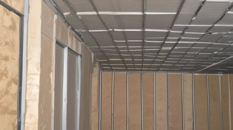 An interior space with walls covered in a dense arrangement of blue, pyramid-shaped acoustic foam panels arranged in a uniform pattern. The perspective creates a visual effect of depth and texture, with lighting that casts shadows across the surfaces.