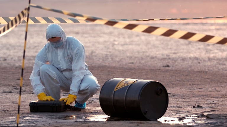 a man in a white suit and yellow gloves cleaning up a chemical spill in a barren area