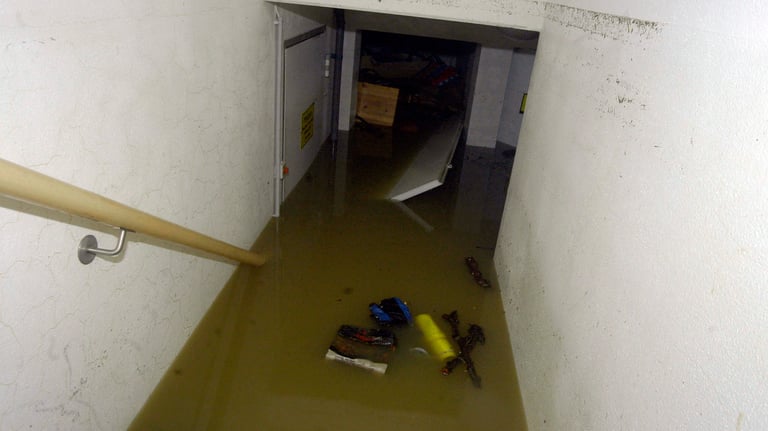 a hallway with a staircase and a wooden railing submerged in sewage water backup