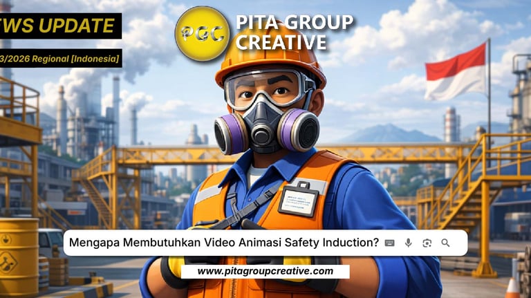 Animated industrial worker wearing safety gear in front of a factory for a safety induction video blog.
