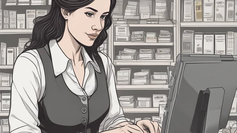 A person is using a laptop to browse an online marketplace featuring various digital products or themes. The screen displays a selection of software or website themes with descriptions and prices. The person seems to be in a well-lit room, sitting at a table.