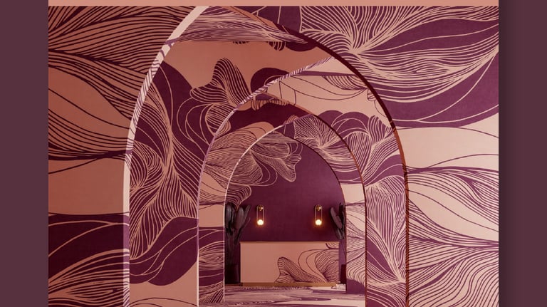 Modern interior with purple floral pattern Momentum Digital Creations Wallcovering and arched entryways.
