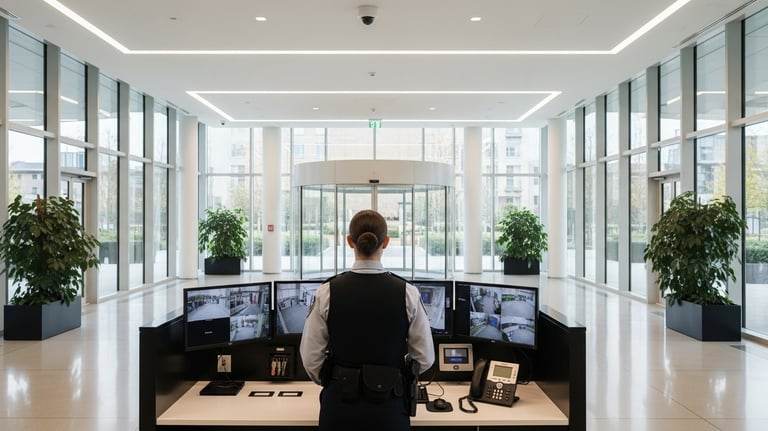 Vigilante de seguridad en la entrada de un edificio corporativo en Barcelona