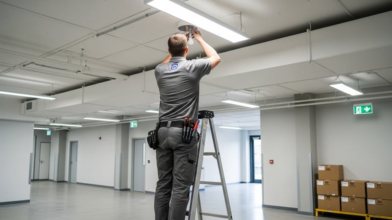 Técnico realizando pequeñas reparaciones en instalación corporativa.
