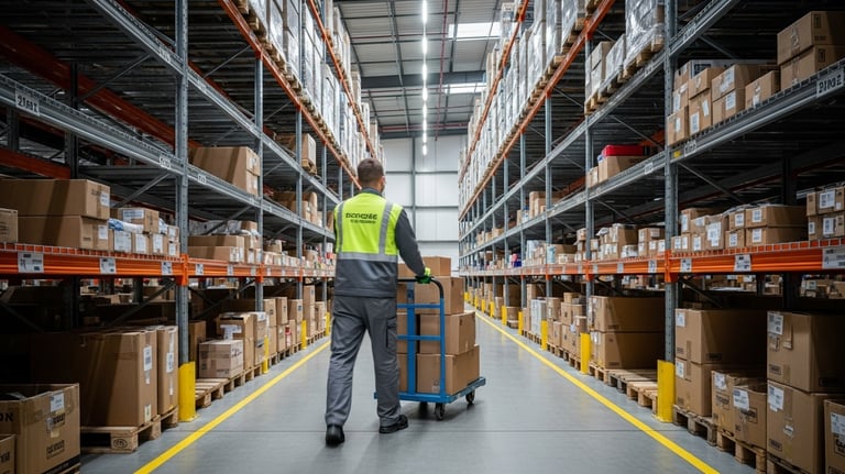 Trabajador manipulando cajas en almacén o espacio logístico empresarial.