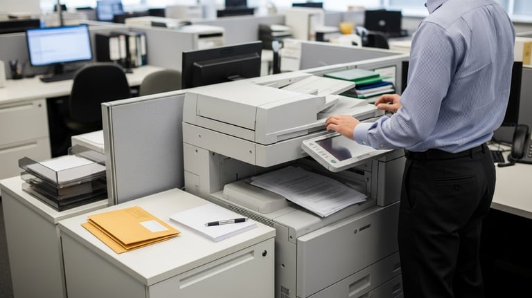 Auxiliar realizando tareas administrativas como archivo o preparación de sobres.