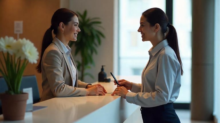 Personal de recepción atendiendo visitas en oficina corporativa con profesionalismo.