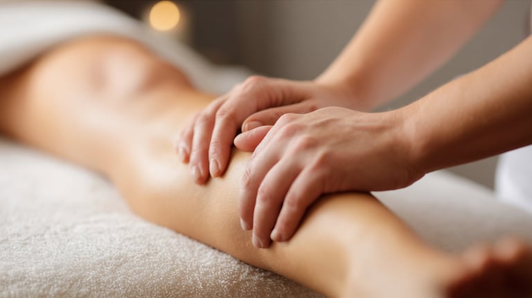 Professional therapist hands performing a therapeutic leg massage for muscle recovery at a spa.