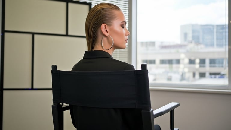 Elegant woman with slicked-back hair and silver hoop earrings sits in a director's chair.